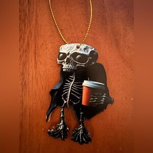 Set of 4- ornament skeletons with a cup of coffee ( un-dead / death juice )